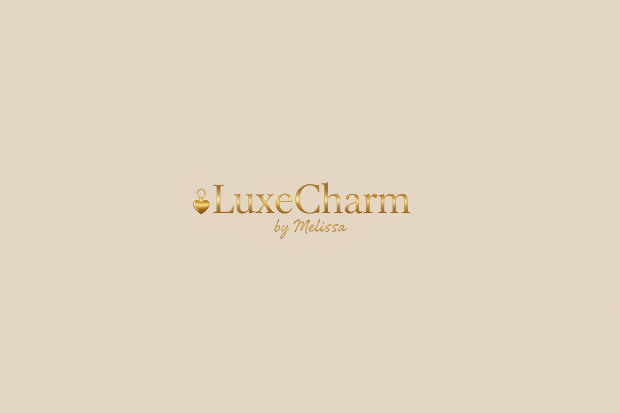 LuxeCharm by Melissa logo beige og gull med liten skrift